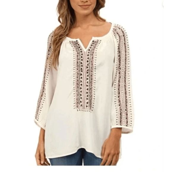 NANETTE LEPORE Beaded Blouse Silk Tan Black Bohemian Top*, Sz Large, MSRP $298 - Picture 1 of 10